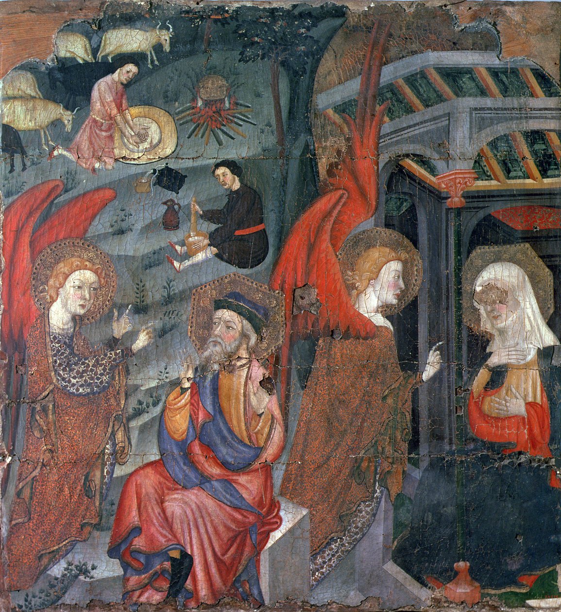 Zvěstování s pastýři vyrábějícími sýr v pozadí, z oltářního obrazu zasvěceného Panně Marii, z Tora, Segarra, Lleida (tempera na panelu) od Master of Tora