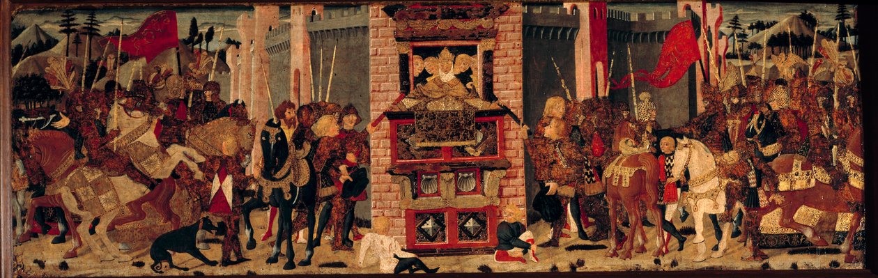 Nahoře Didon přijímá velvyslance Enee v Tróji. Detrempe na dřevě mistra De Tournon De Sainte Croix od Master of Tournon de Sainte Croix