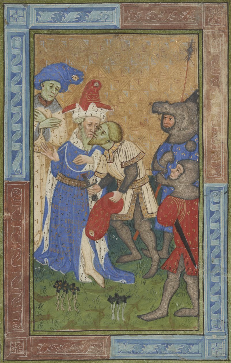 Scéna atentátu paní B.11.7, kolem 1420 (tempera, stříbrná a zlatá barva na pergamenu) od Master of Trinity College