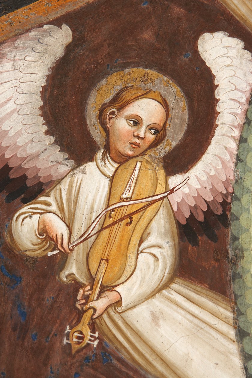"Nanebevzetí Panny Marie" a "Panna Marie spouštějící opasek nebo svatý opasek sv. Tomášovi", Detail anděla hrajícího hudbu a housle, kolem 1420 (freska) od Master of Vignola