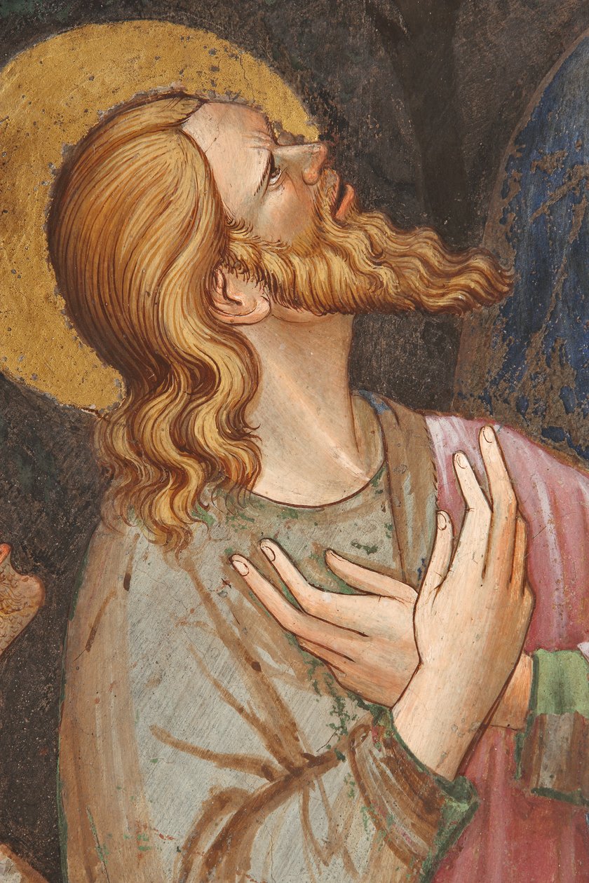 "Nanebevzetí Panny Marie" a "Panna Marie spouštějící opasek nebo svatý opasek sv. Tomášovi", Detail apoštola, kolem 1420 (freska) od Master of Vignola