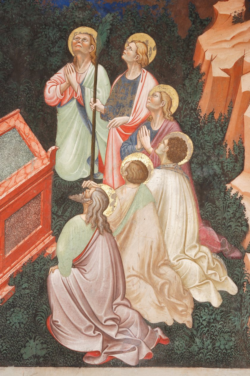 "Nanebevzetí Panny Marie" a "Panna Marie spouštějící opasek nebo svatý opasek sv. Tomášovi", Detail apoštolů, kolem 1420 (freska) od Master of Vignola