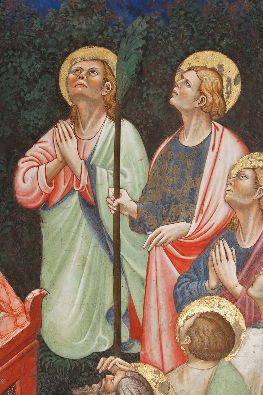 "Nanebevzetí Panny Marie" a "Panna Marie spouštějící opasek nebo svatý opasek sv. Tomášovi", Detail apoštolů, kolem 1420 (freska) od Master of Vignola