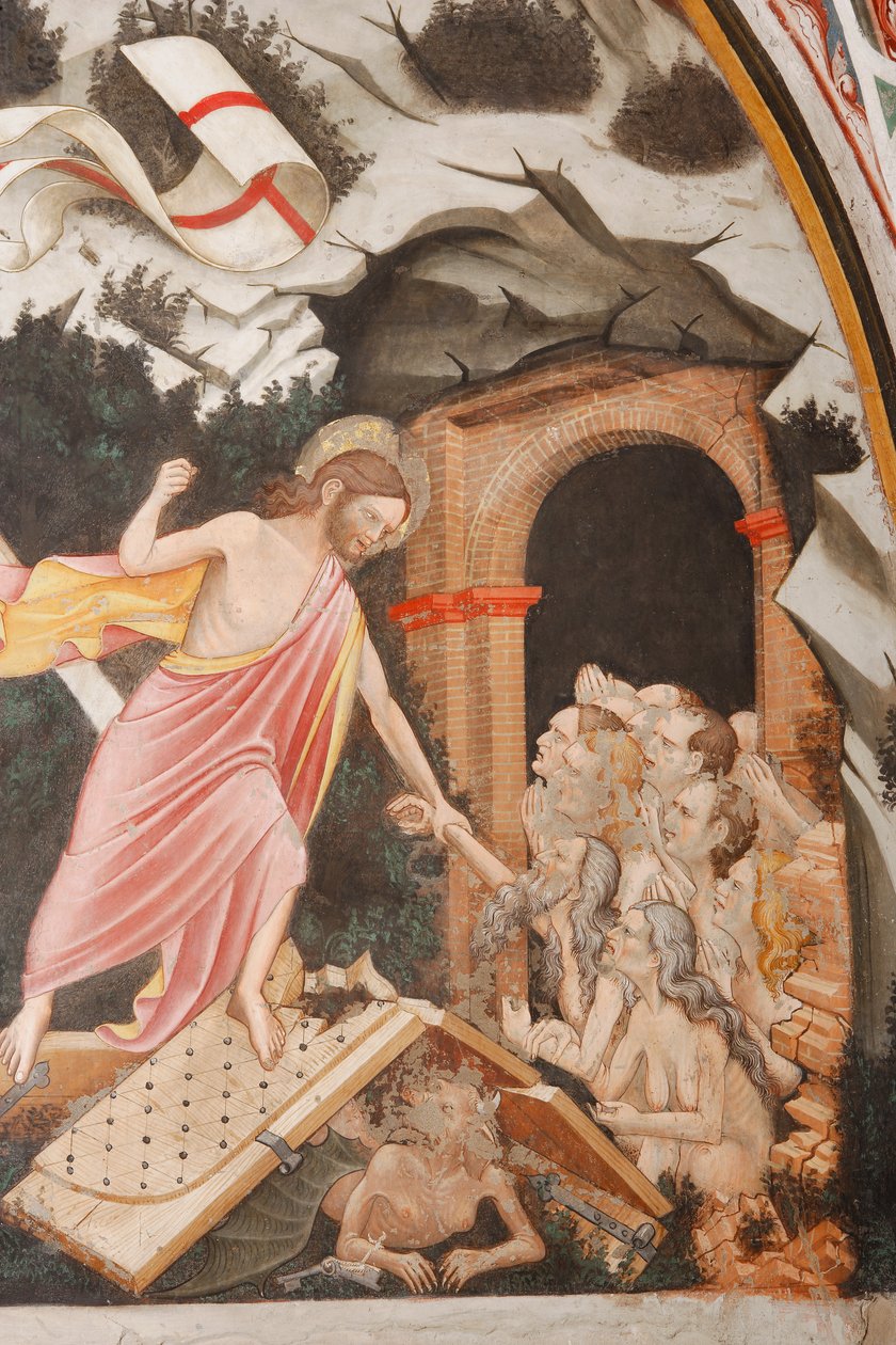 "Zmrtvýchvstání" a "Sestup do limba", Detail "Sestup do limbu": Ježíš bere Adama za ruku. U nohou Krista, brány pekla a postava ďábla na zemi, kolem 1420 (freska) od Master of Vignola