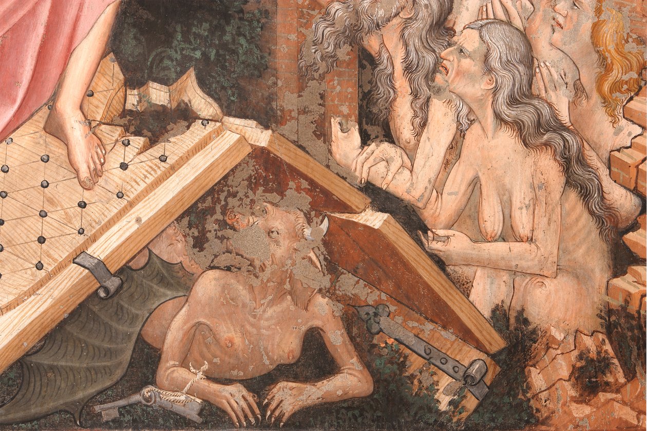 "Vzkříšení" a "Sestup do limba", Detail "Sestupu do limba": brány pekla a postava ďábla na zemi, kolem 1420 (freska) od Master of Vignola