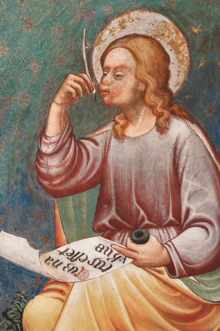 "Svatý Matouš Evangelista" píšící "Když se narodil Ježíš", kolem 1420 (freska) Detail, kolem 1420 (freska) od Master of Vignola