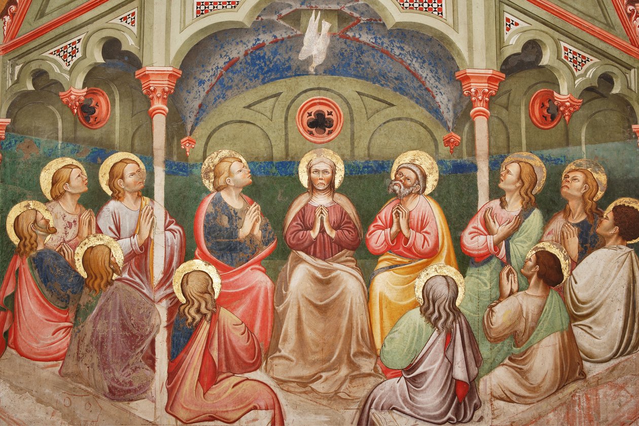 "Letnice", Detail s modlícími se svatými a Pannou Marií a holubicí, c.1420 (freska) od Master of Vignola