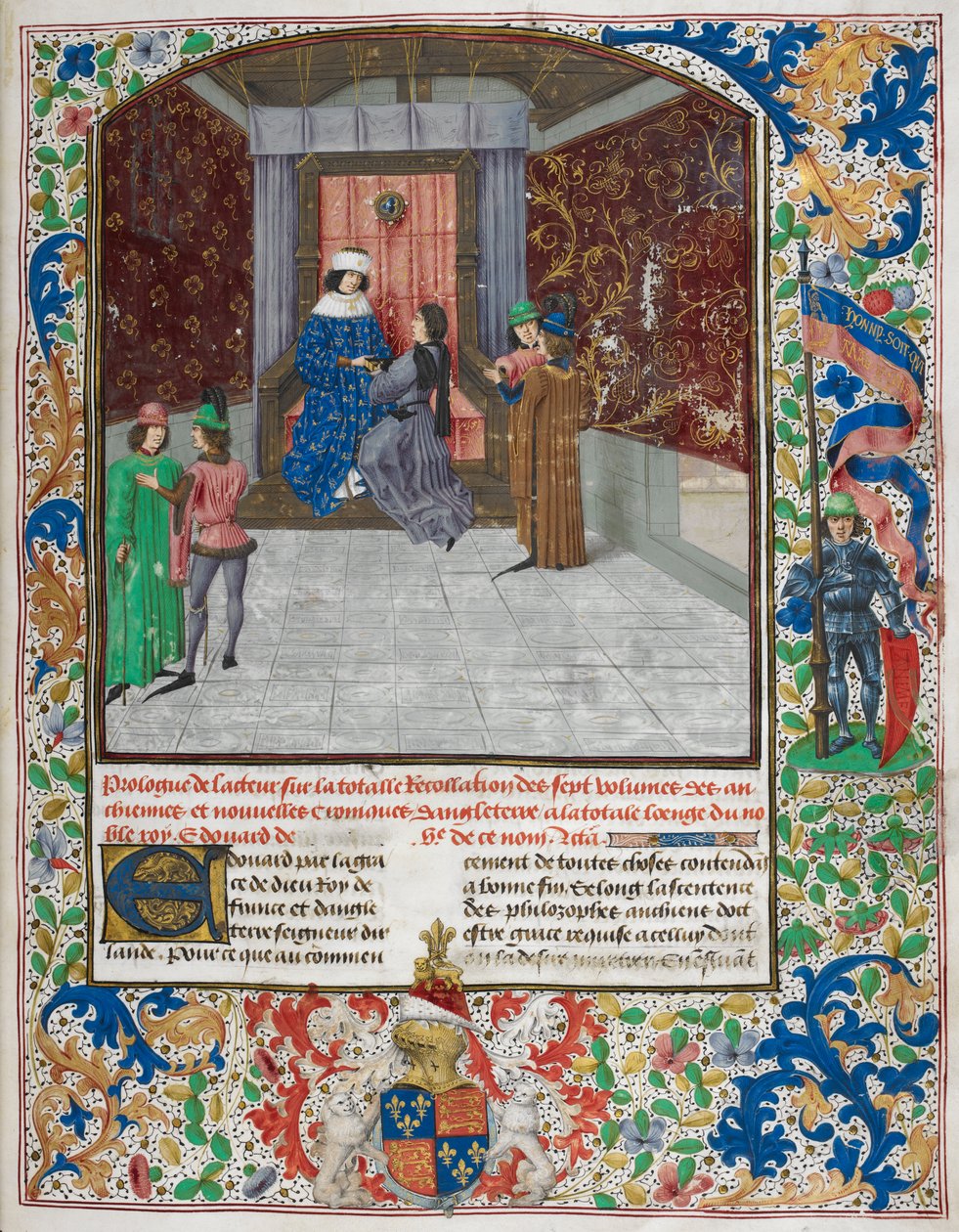 Edward IV na trůn, nosí řád Zlatého rouna, přebírá knihu od Jeana Wavrina z 