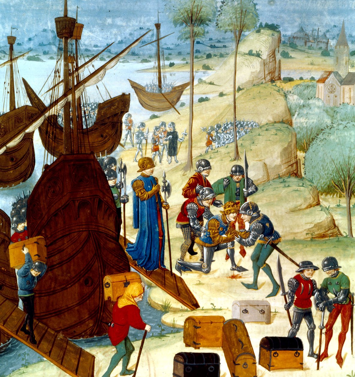 Král Edward III přijíždějící do Saint Vaast La Hogue 12. července 1346, ilustrace z Chroniques dAngleterre od Master of Wavrin