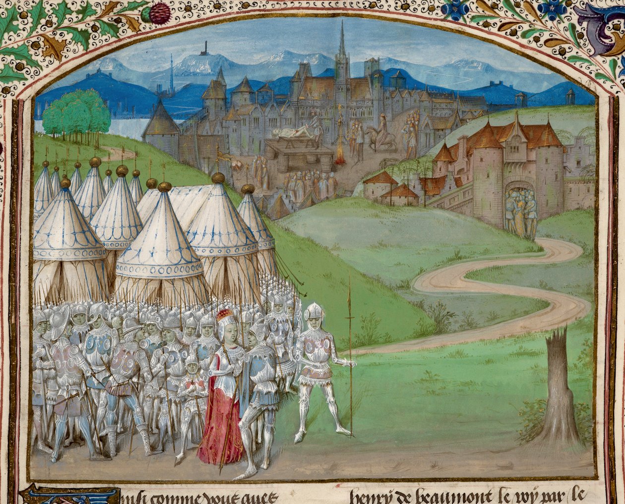 Royal 15 E. IV f.316v Královna Isabella a její armáda s rozčtvrcením těla Hugha le Despensera v pozadí, ilustrace z 
