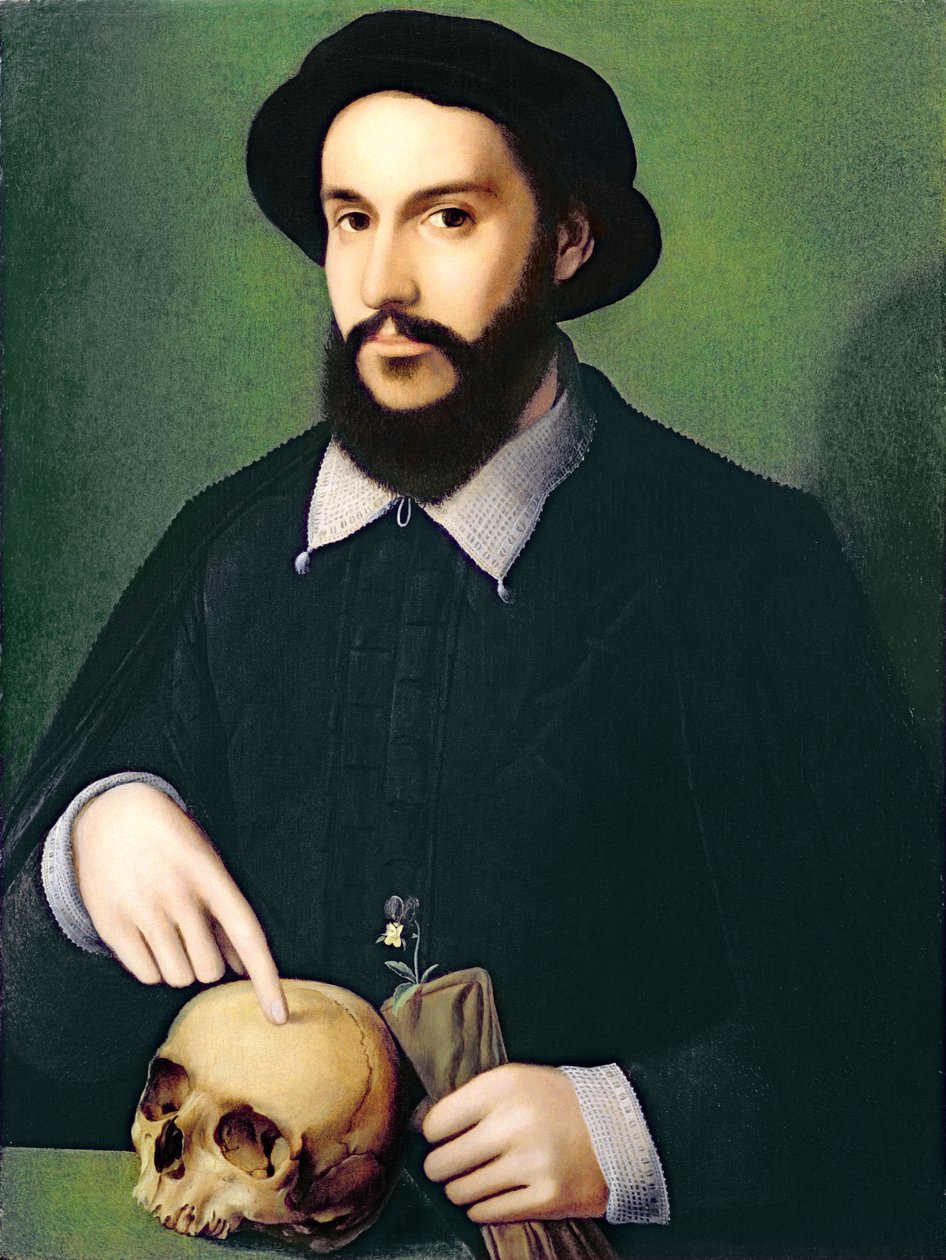 Portrét gentlemana s pravou rukou ukazující na lebku, kolem roku 1540 od Master of the 1540s
