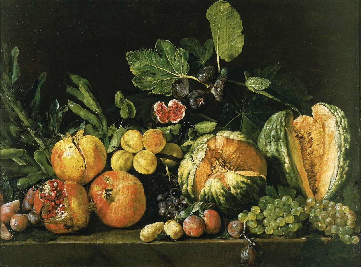 Granátová jablka, melouny, hrozny, broskve, fíky a další ovoce na kamenné římse od Master of the Acquavella Still Life