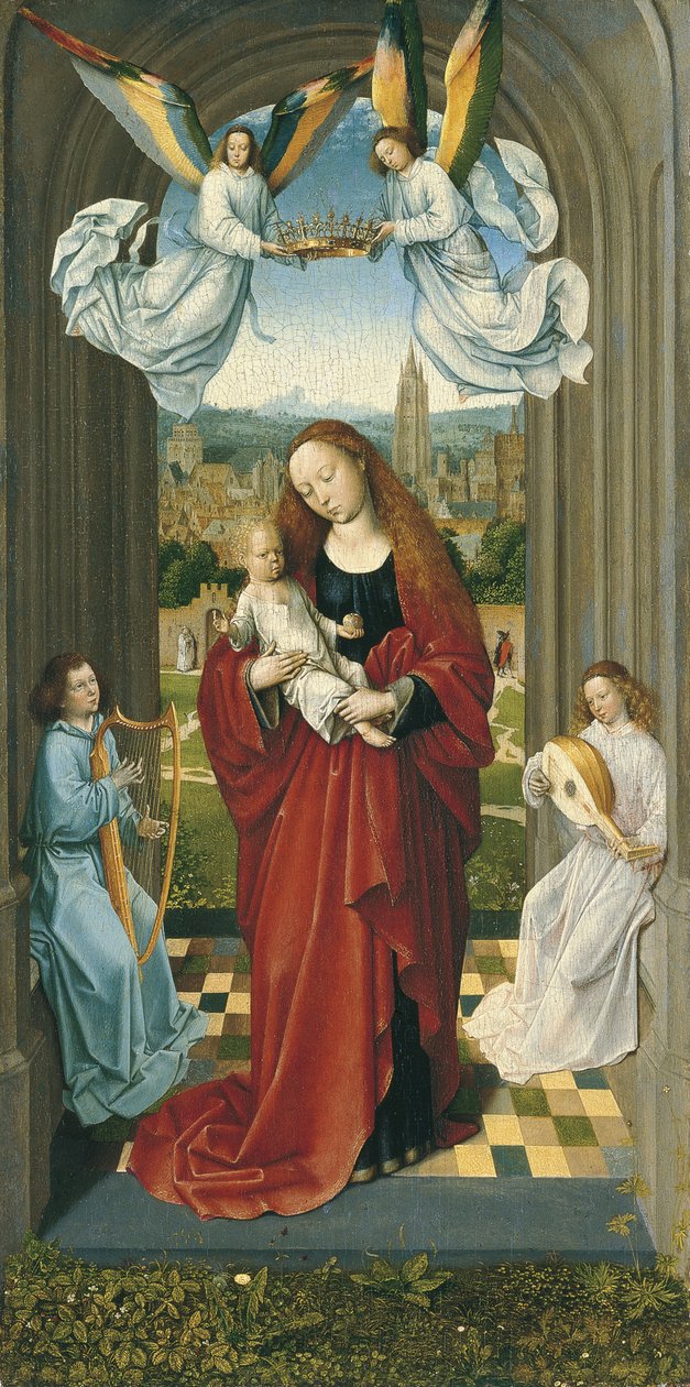 Panna a dítě mezi anděly od Master of the André Madonna