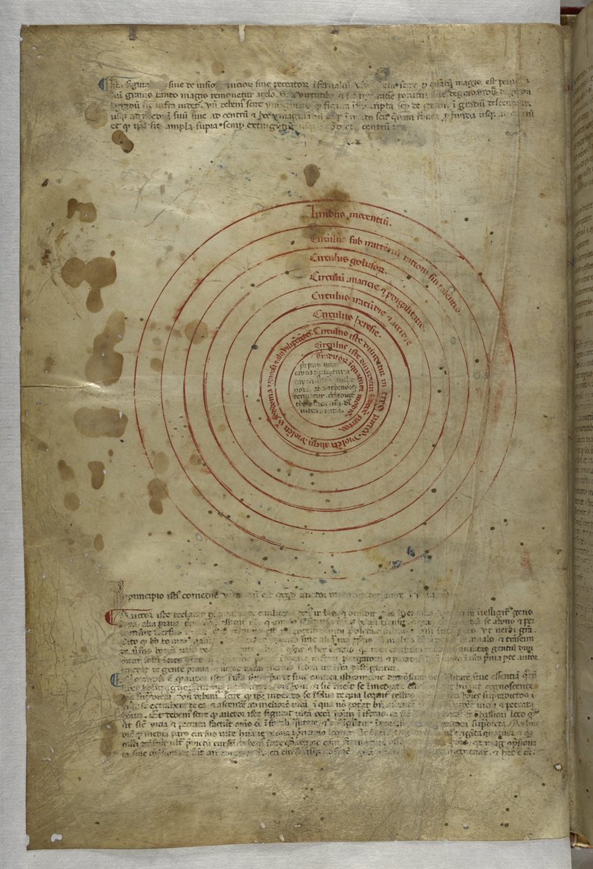 Egerton MS 943 f.2v Inferno: Kruhový diagram sfér pekla, z „Divina Commedia (Božská komedie)“ od Dante Alghieriho (inkoust a barva na pergamenu) od Master of the Antiphonar of Padua