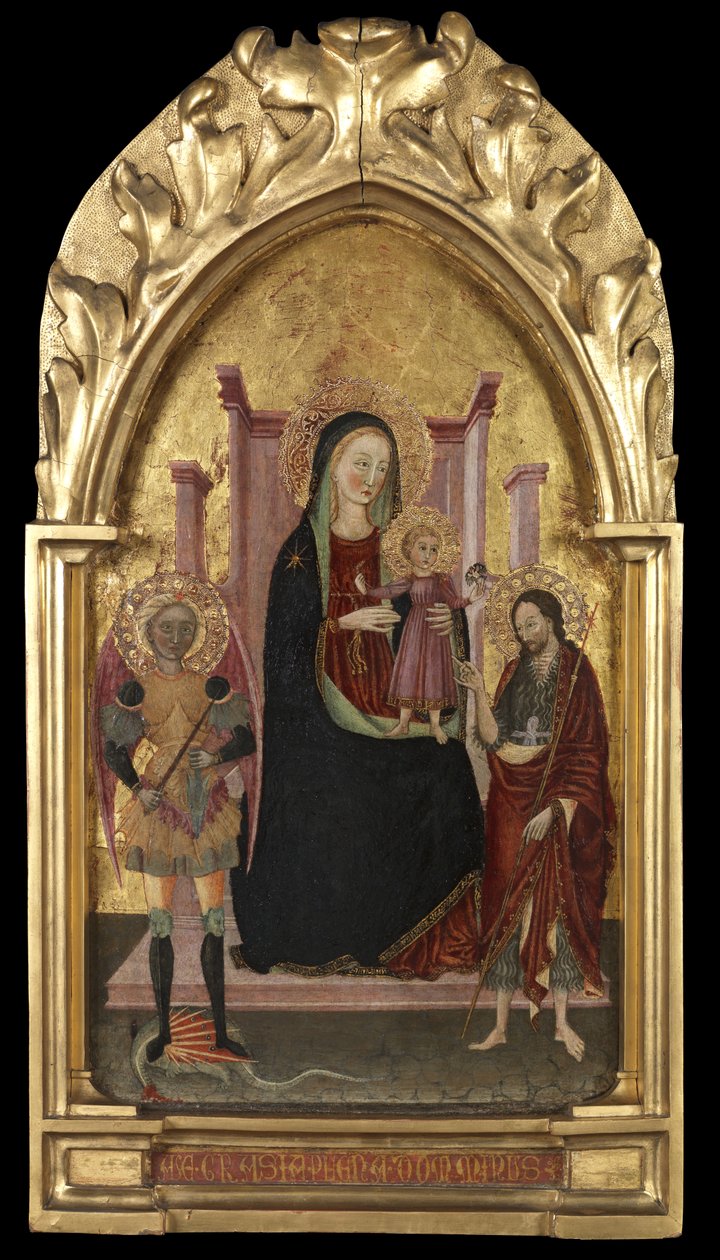 Panna a dítě na trůnu se svatým Michaelem a svatým Janem Křtitelem, kolem 1440-70 od Master of the Arcetri Altarpiece
