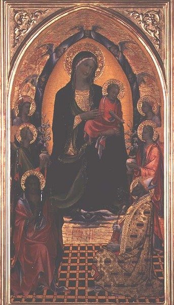 Madona s dítětem se sv. Janem Křtitelem a Mikulášem z Myry (tempera na panelu) od Master of the Bambino Vispo