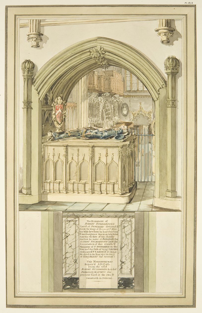 Hrob Roberta Fitzhardinga, zemřel 1170, v Bristolské katedrále, kolem roku 1799 (akvarel na papíře) od Master of the Bristol Church Monuments