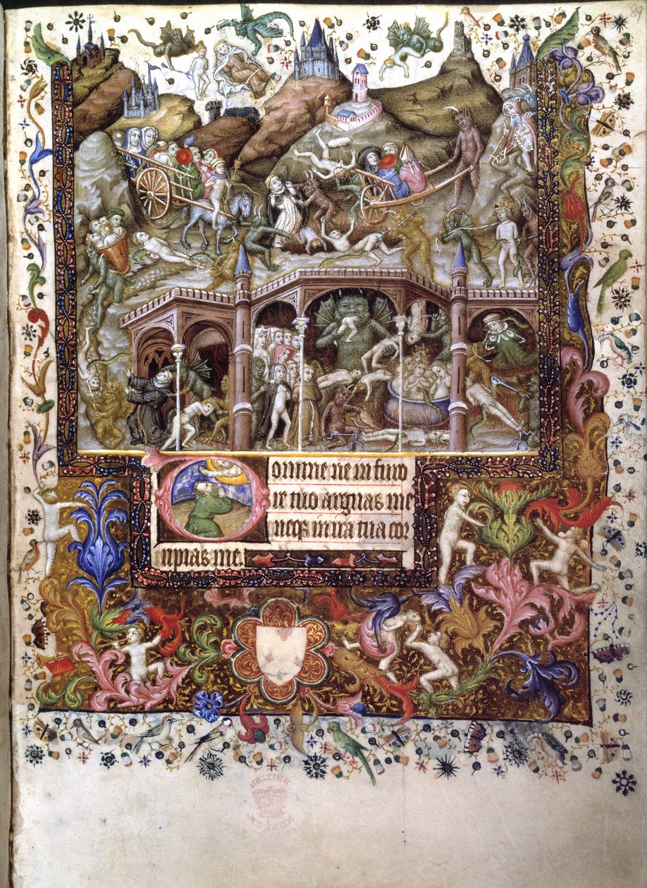 Přidat. 29433, f.89 Scene in Hell, ilustrace z „Knihy hodin“, kolem 1407 (inkoust a barva na pergamenu) od Master of the Brussels Initials