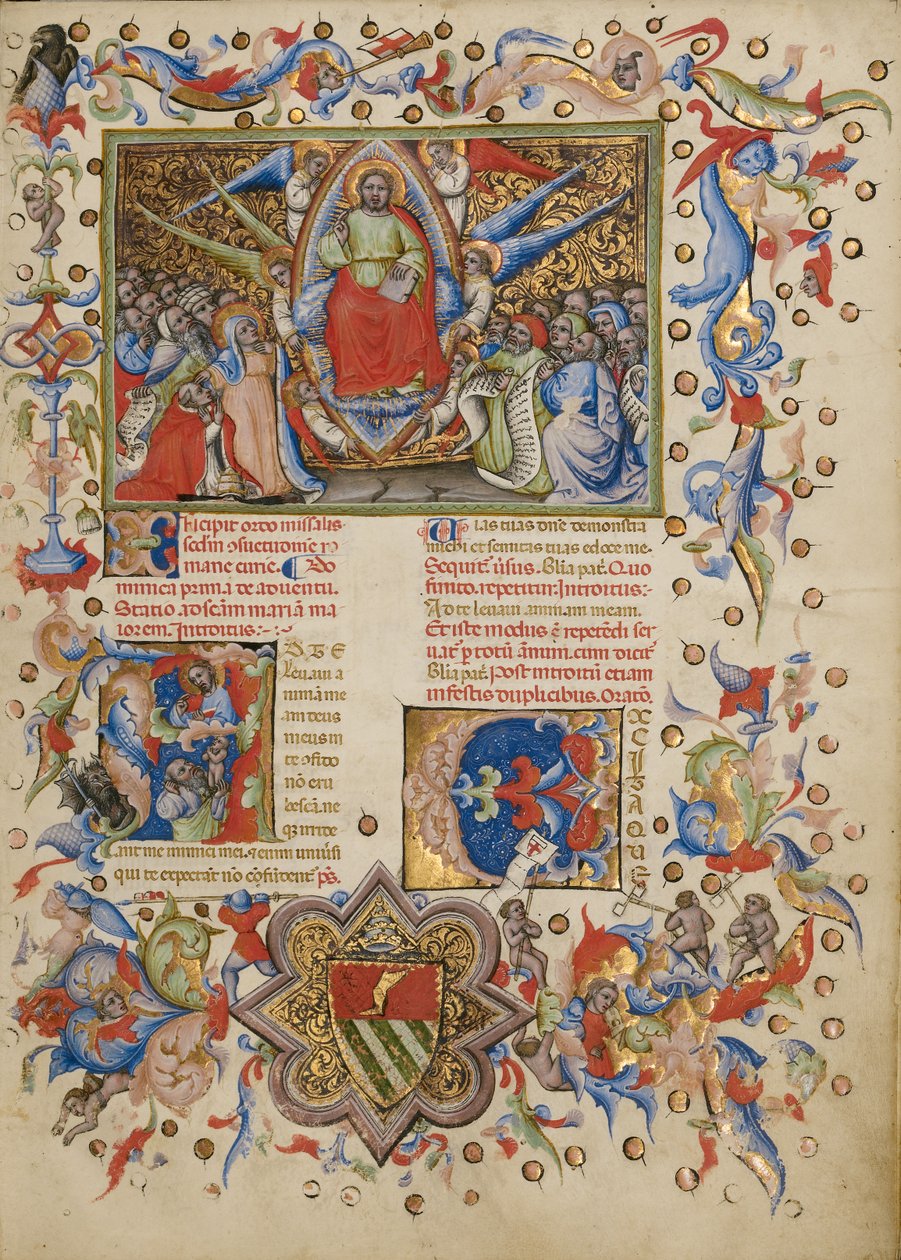 Kristus v majestátu; Iniciála A: Člověk pozvedající svou duši k Bohu od Master of the Brussels Initials