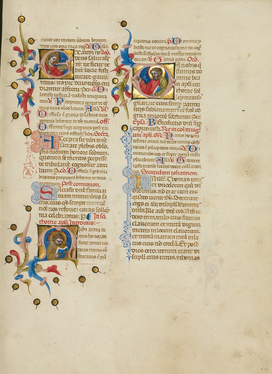 Iniciála E: svatá Lucie; iniciála M: svatý Tomáš; iniciála D: Kázání svatého Tomáše od Master of the Brussels Initials