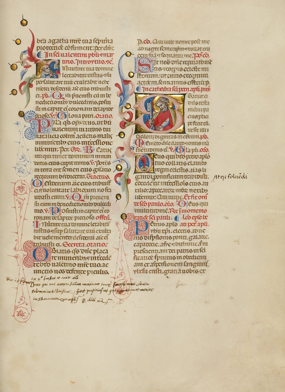 Iniciála I: svatý Valentýn; iniciála S: svatý Petr od Master of the Brussels Initials