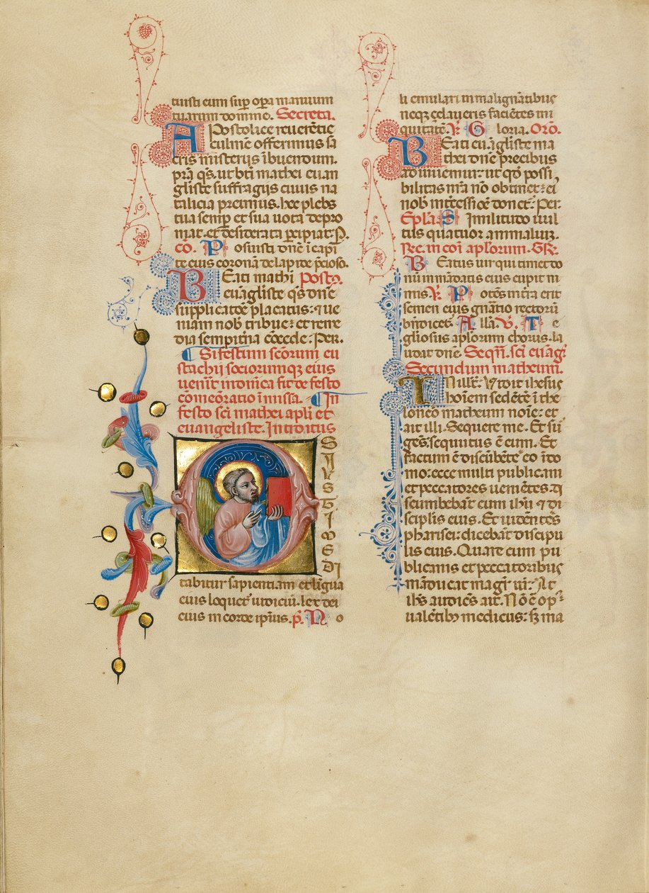 Počáteční písmeno O: Anděl svatého Matouše držící evangelium od Master of the Brussels Initials