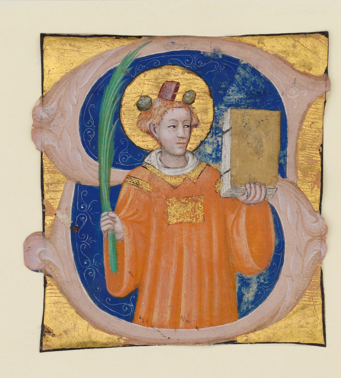 Iluminace rukopisu se svatým Štěpánem v iniciále S, z antifonáře, italština, ca. 1410-2 od Master of the Brussels Initials