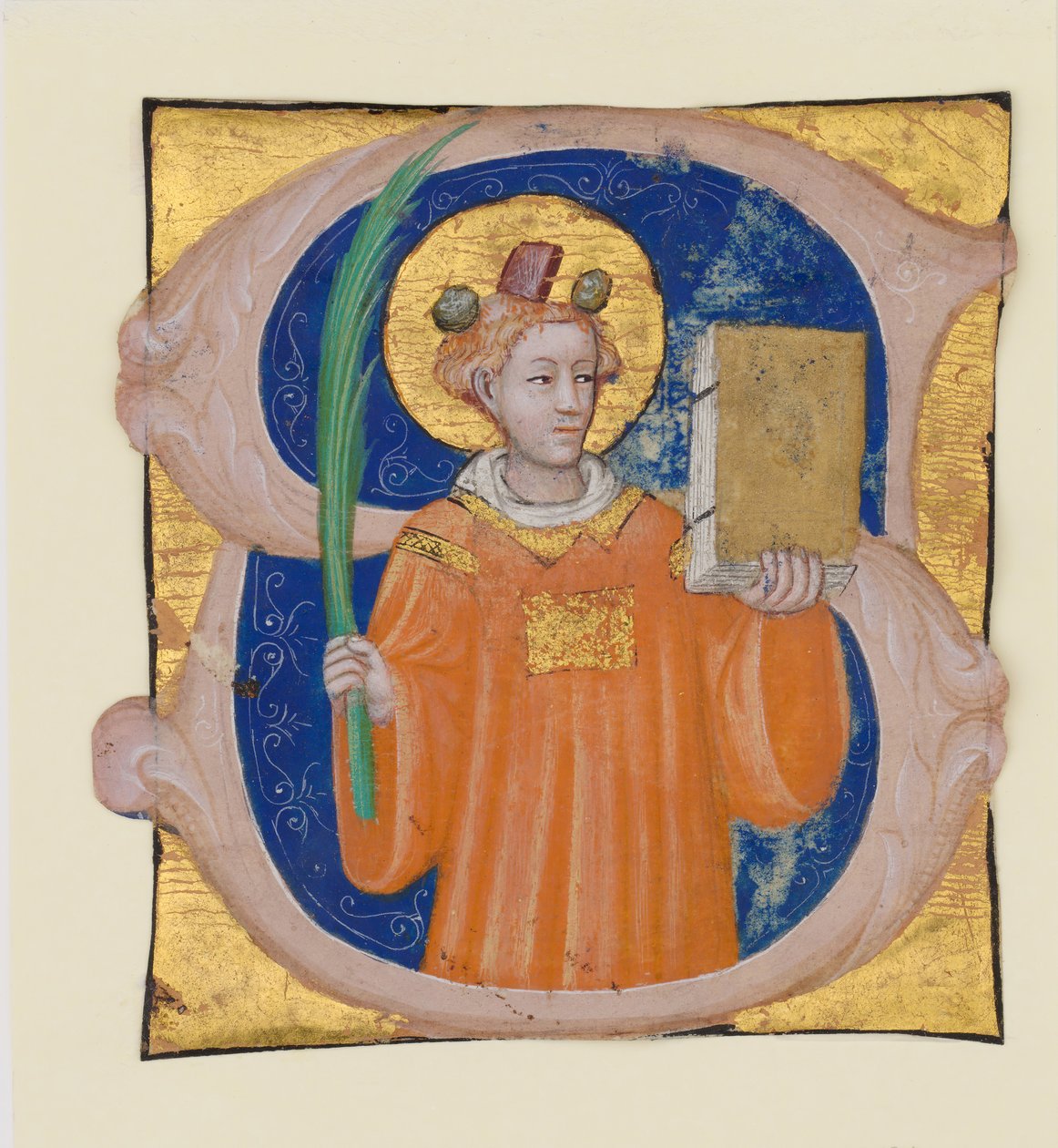 Iluminace rukopisu se svatým Štěpánem v iniciále S, z antifonáře, ca. 1410-20. od Master of the Brussels Initials