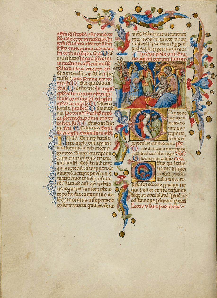 Klanění mudrců; Iniciála E: Nositelé meče od Master of the Brussels Initials