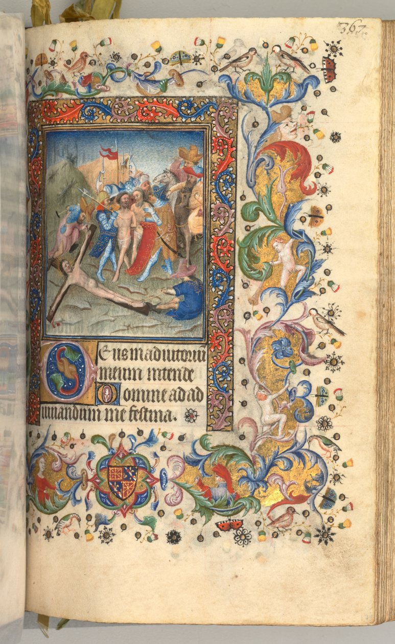 Hodiny Karla Vznešeného, krále navarrského 1361-1425: fol. 179r, Kristus přibitý na kříž, c. 1 od Master of the Brussels Initials and Associates