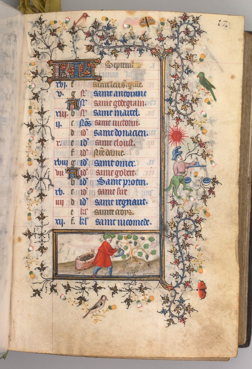 Hodiny Karla Vznešeného, krále navarrského 1361-1425: fol. 9r, září, c. 1405. od Master of the Brussels Initials and Associates