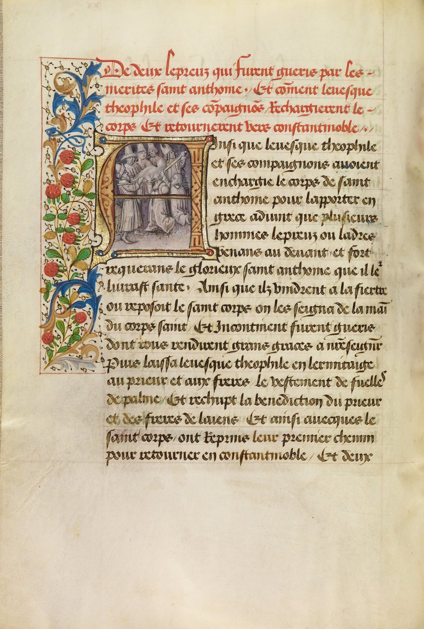 Úvod A: Tělo svatého Antonína převezené do Konstantinopole a uzdravení dvou malomocných po dotyku světcova těla od Master of the Brussels Romuléon