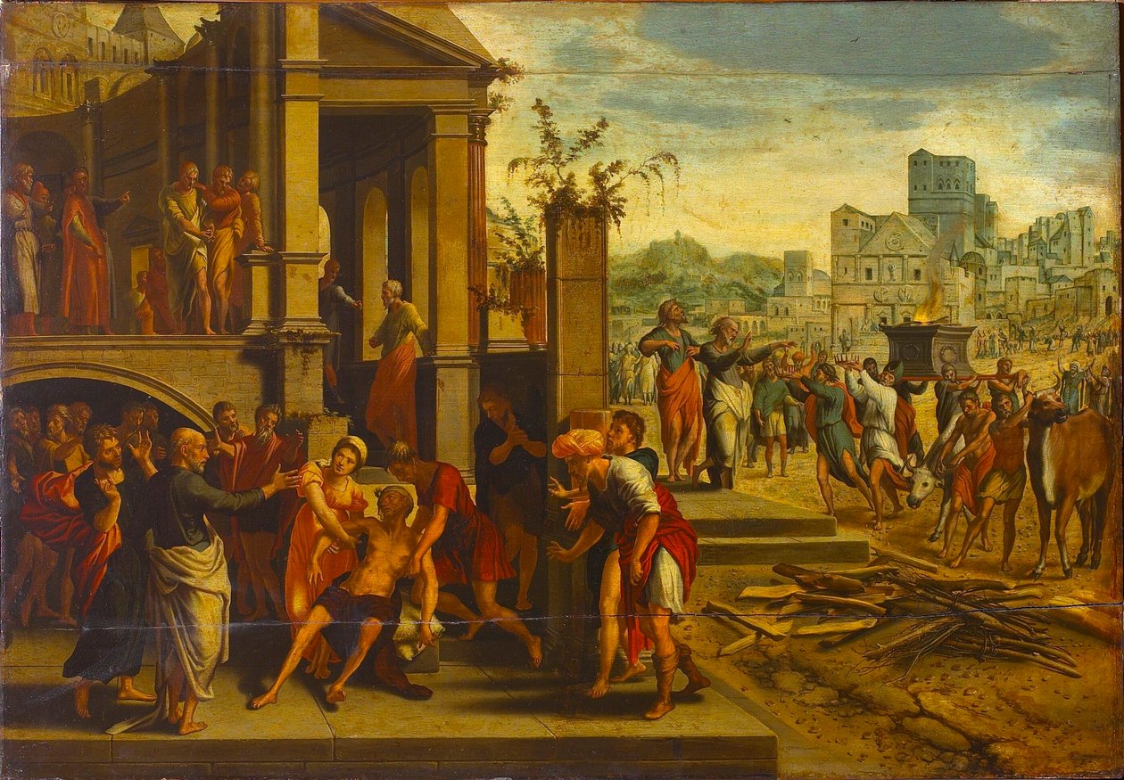 Svatí Pavel a Barnabáš v Lystře, první polovina 16. století. od Master of the Budapest Saints Paul