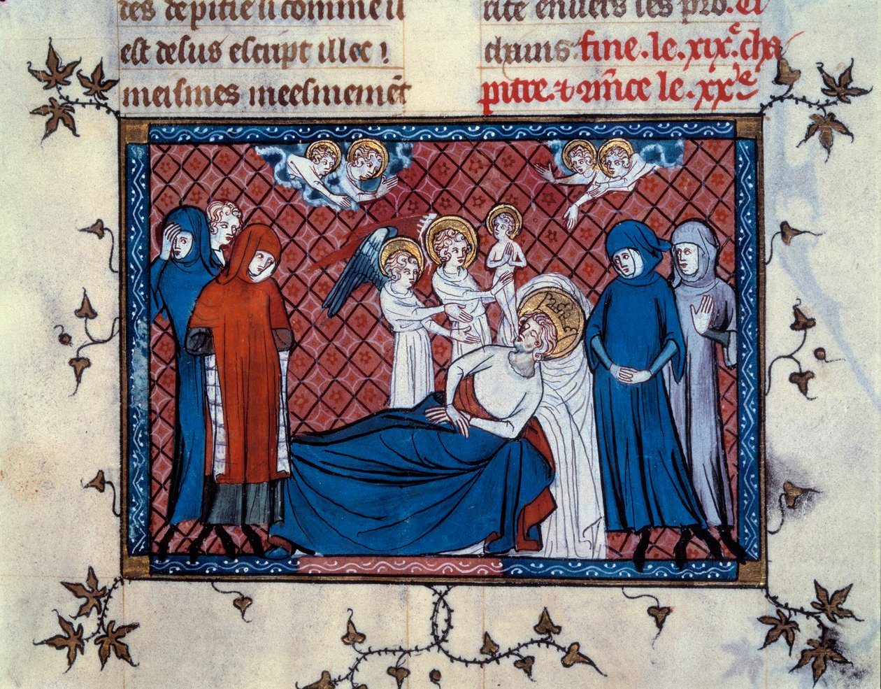 Smrt Saint Louis v Tunisu dne 25. srpna 1270. miniatura z rukopisu „Život a zázraky Saint Louis“ (Strana 277), osvícená Mahietem a napsaná Vilémem ze Saint-Pathus od Master of the Cambrai Missal Mahiet
