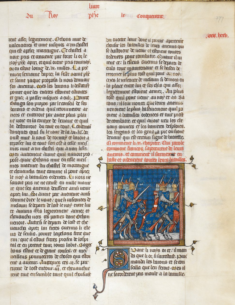Royal 16 G. VI, f.377 Francouzská armáda na pochodu do Bouvines, z 