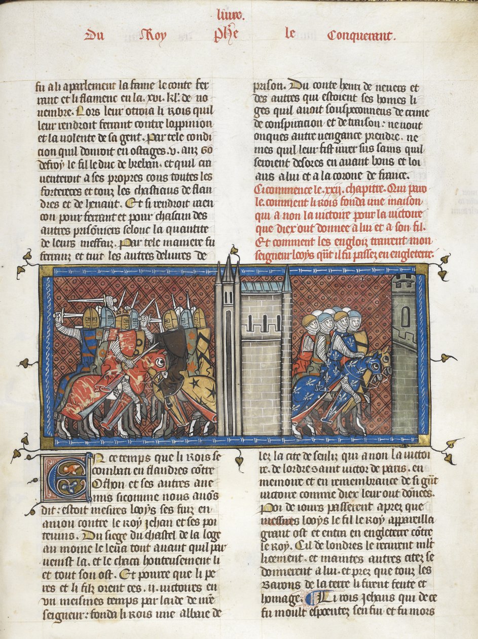 Royal 16 G. VI f.385 Bitva s Janem, anglickým králem, a Ludvíkem VIII. na pochodu, z „Les Grandes chroniques de France“, kolem 1332-50 (inkoust, barva a zlato na pergamenu) od Master of the Cambrai Missal Mahiet