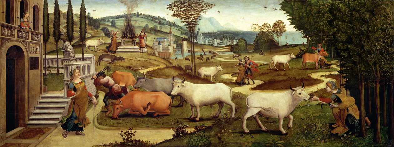 Vášně Pasiphae, manželky krétského krále Minose, z Příběhu Thesea (olej na panelu) od Master of the Campana Cassoni