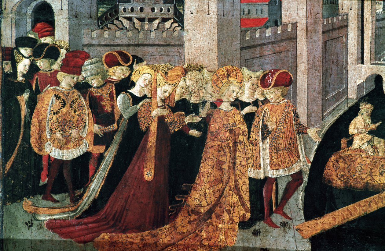 Decameron de Boccaccio (Jean Boccaccio): Chatelain Pericone vítá Alatiel, dceru babylonského sultána Beminedaba a její apartmá na ostrově Mallorca (Pericone da Visalgo vítá Alatiel dceru Beminedaba, babylonského sultána, na ahoj od Master of the Cassoni