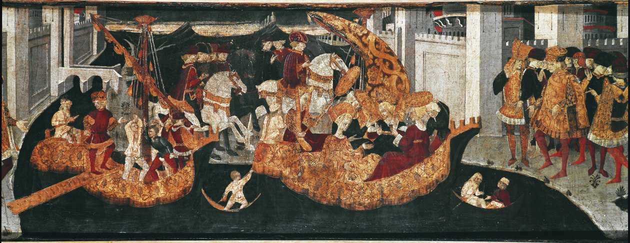 Decameron de Boccaccio (Jean Boccaccio): Chatelain Pericone vítá Alatiel, dceru babylonského sultána Beminedaba a její apartmá na ostrově Mallorca (Pericone da Visalgo vítá Alatiel dceru Beminedaba, babylonského sultána, na ahoj od Master of the Cassoni