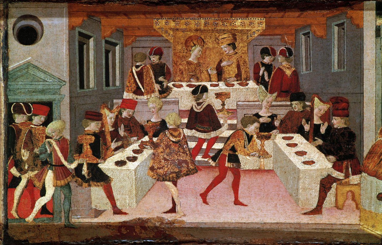 Decameron de Boccaccio (Jean Boccaccio): banket organizovaný Chatelainem Pericone na přivítání Alatiel, dcery babylonského sultána Beminedab a jejího apartmá na ostrově Mallorca (banket pořádaný Pericone da Visalgo na přivítání dcery Alatiela o od Master of the Cassoni