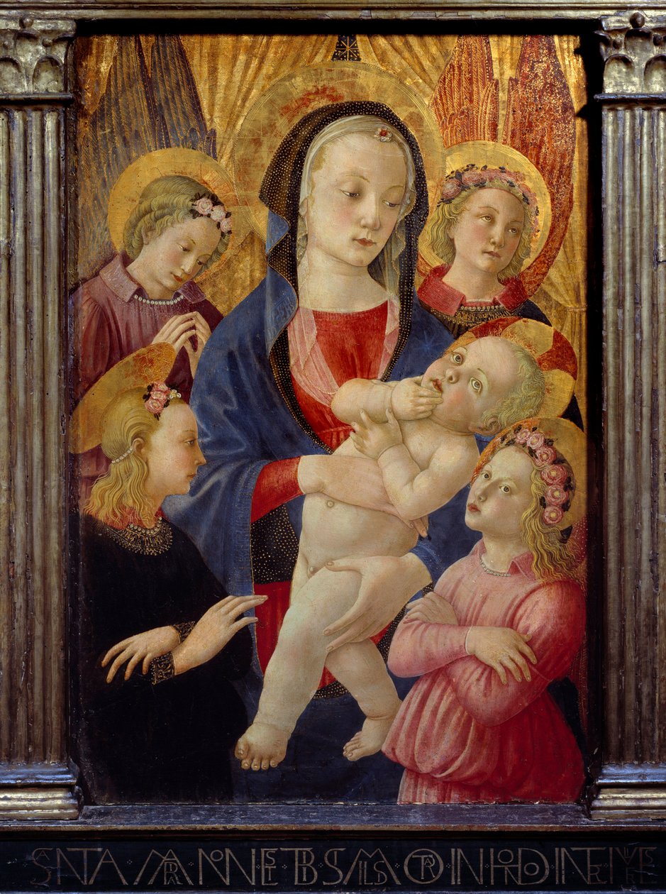Panna a dítě obklopené čtyřmi anděly. Obraz Mistra Narození Castello Ec. Ital. od Master of the Castello Nativity