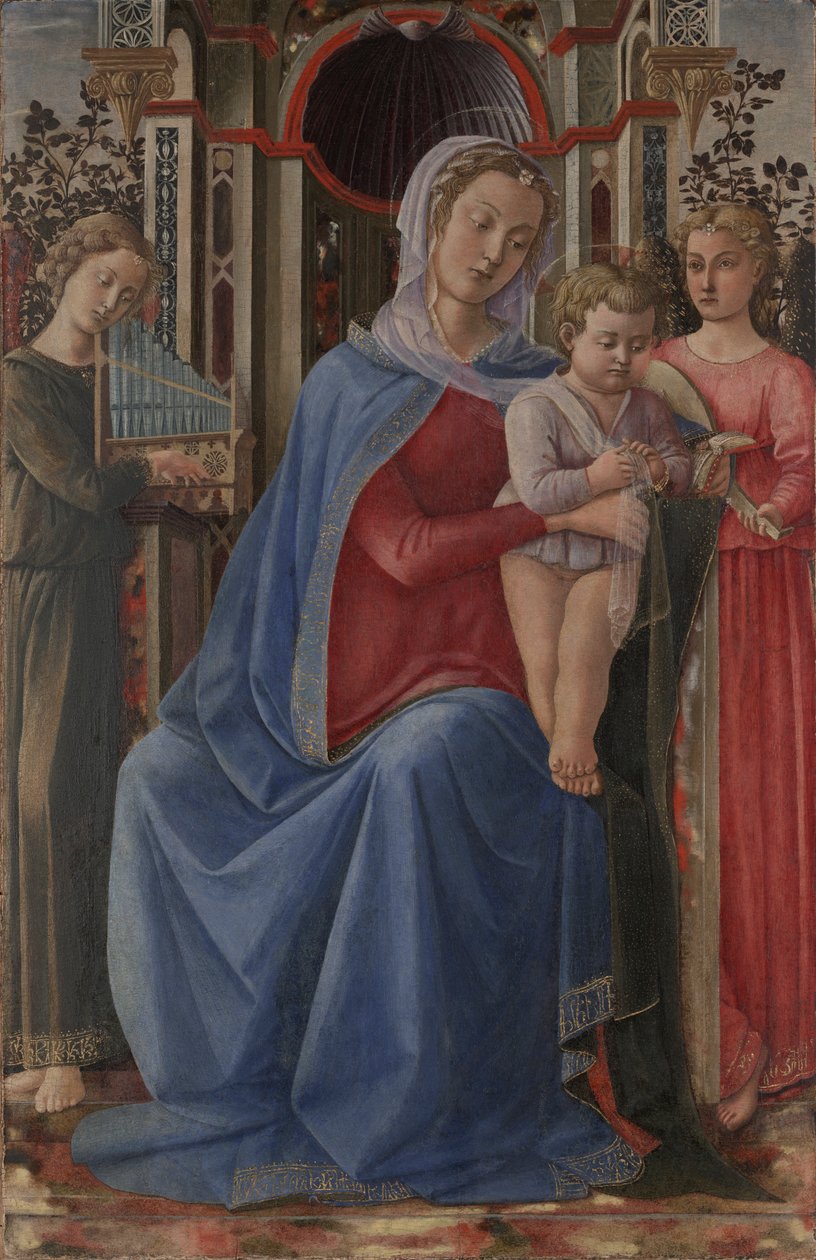 Panna a dítě se dvěma anděly od Master of the Castello Nativity