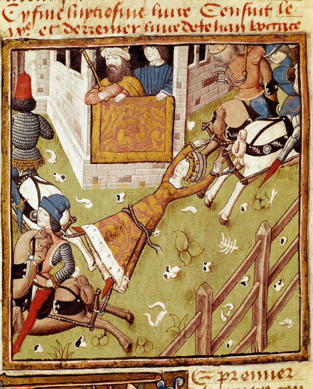 Brunehautovo mučení: Brunehaut nebo Brunehilde (543-613), vězeň Clotaire (Clothaire) II, je roztrhána na kusy koňmi, které přitahují její členy z každé strany - Miniatura Mistra šampiona dam z rukopisu „“ Des hommes illustres “””” 15 od Master of the Champion des Dames
