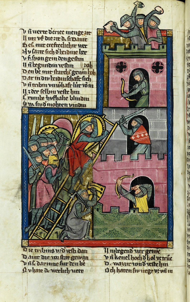 Dobytí hradu v Jeruzalémě (Z kroniky světa (Weltchronik) od Rudolfa von Emse) - Mistr kroniky světa (Weltchronik) (aktivní cca 1300) - cca. 1300 - Akvarel na pergamenu - Kantonsbibliothek St. Gallen od Master of the Chronicle of the World