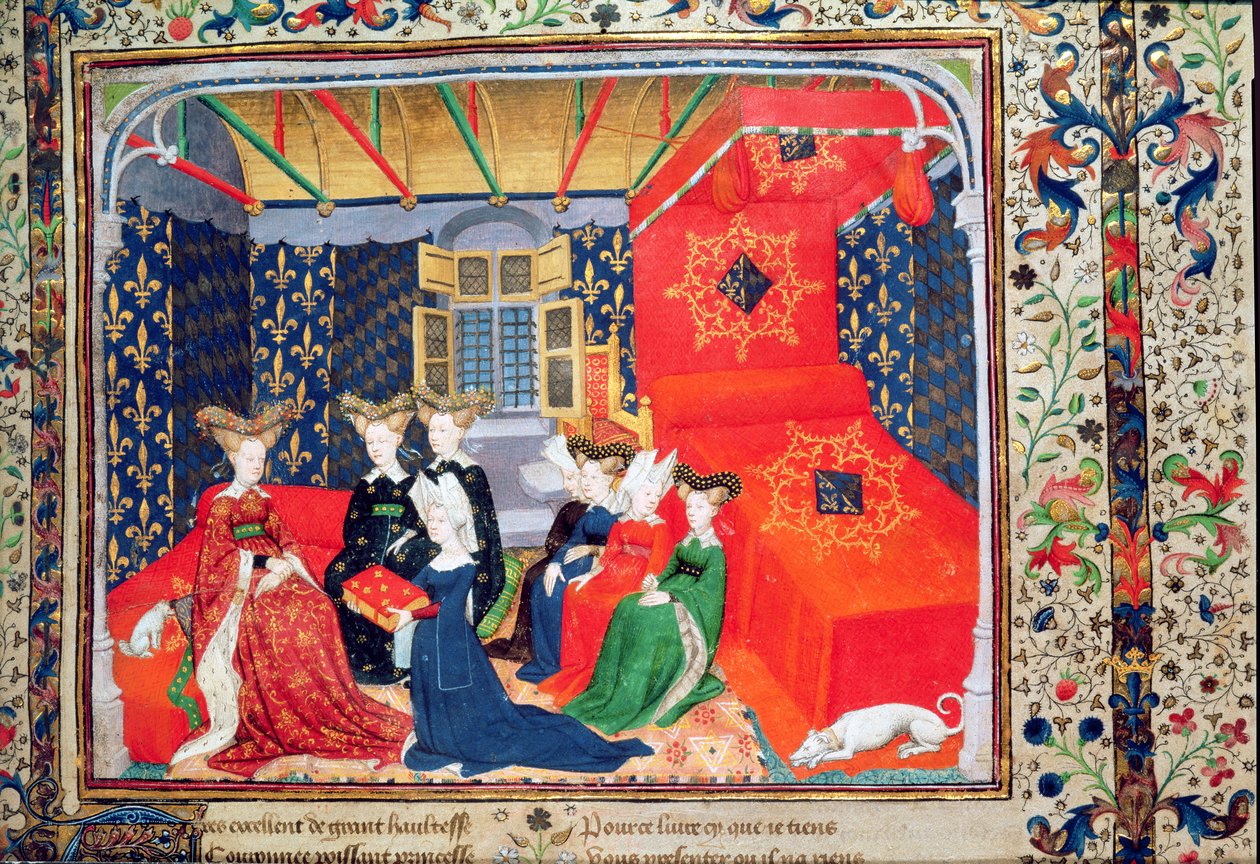 Harl 4431 fol. 3 Christine de Pisan představuje svou knihu královně Isabelle Bavorské, z básní Christine de Pisan, c.1410-15 (vellum) od Master of the Cité des Dames