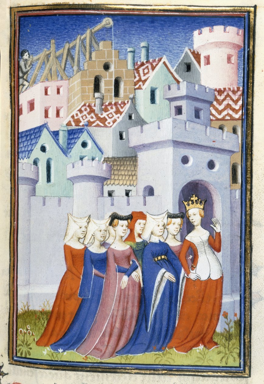 Harley 4431, f.323 Spravedlnost vstupuje do města dam, z „Le Livre de la Cité des Dames“ od Christine de Pisan od Master of the Cité des Dames