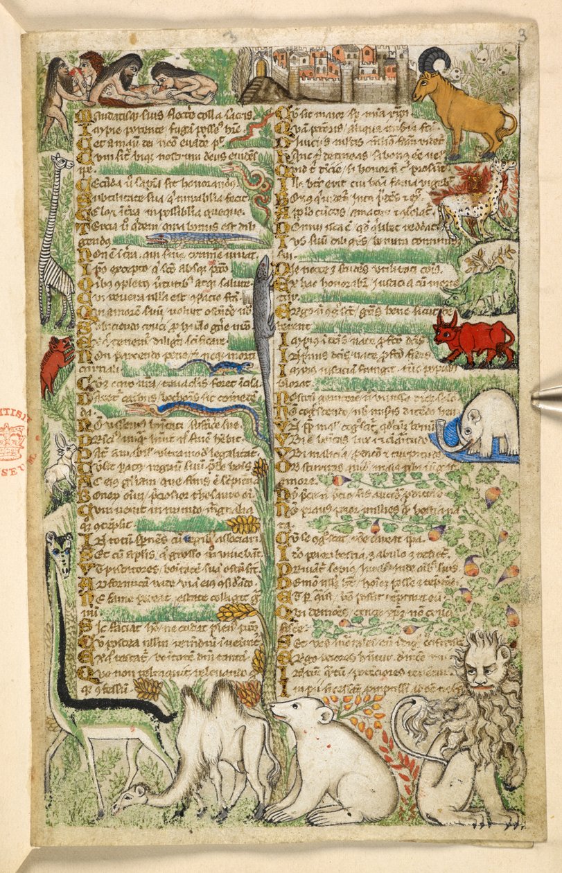 Přidat. 28841, f.3: Kanibalové, opevněné město a exotická zvířata včetně žirafy, lva, velblouda a slona, z Pojednání o ctnostech a neřestech a anonymní historie prózy Sicílie (fragment), kolem 1330- 40 (vellum) od Master of the Cocharelli Codex