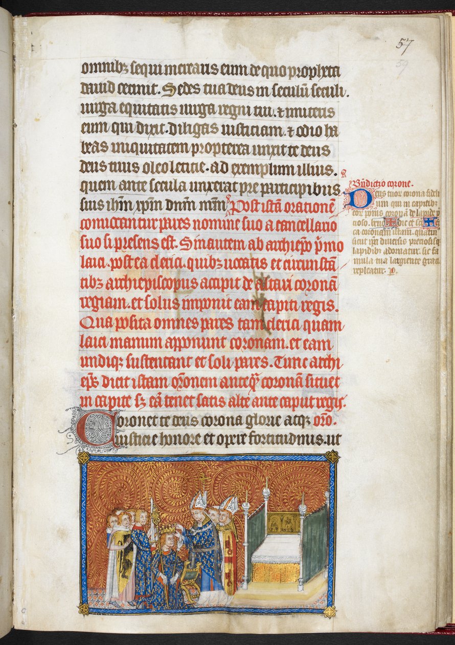 Bavlna Tiberius B.VIII f.59 Arcibiskup z Remeše nasazuje králi korunu na hlavu z 