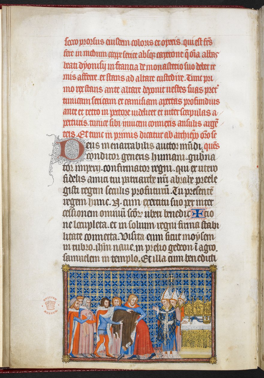 Bavlna Tiberius B. VIII f.47v Král si svléká svrchní oděv, ilustrace z 