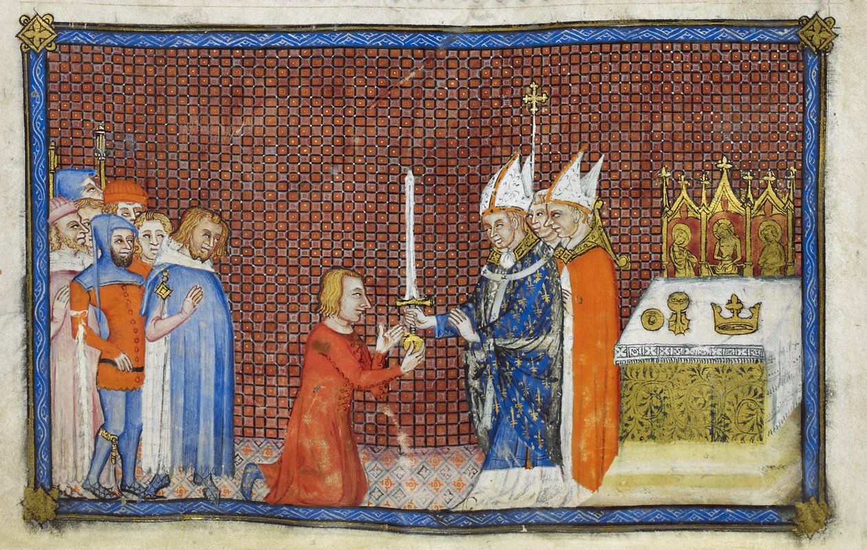 Cotton Tiberius B. VIII f.49v Arcibiskup z Remeše vrací meč králi, ilustrace z „Korunovační knihy Karla V., krále francouzského“ od Master of the Coronation Book of Charles V